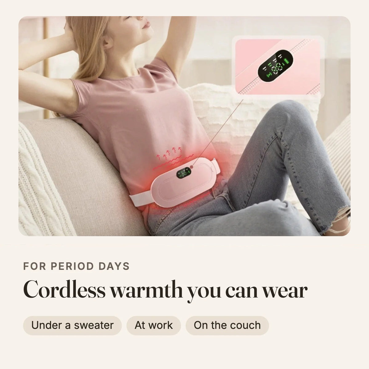 Woman relaxing with a cordless heated belly wrap