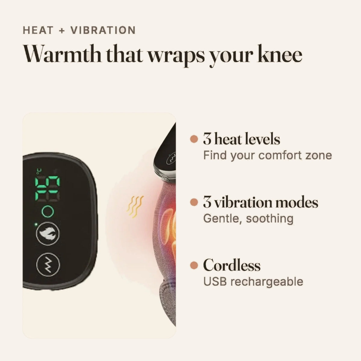 Heated knee wrap with 3 heat levels and 3 vibration modes