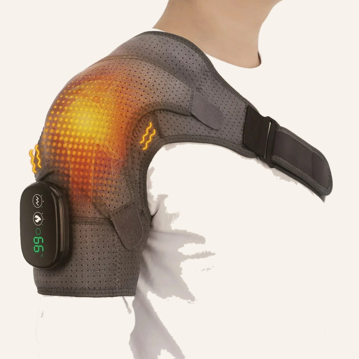 Cordless heated shoulder wrap in heather grey worn on the shoulder